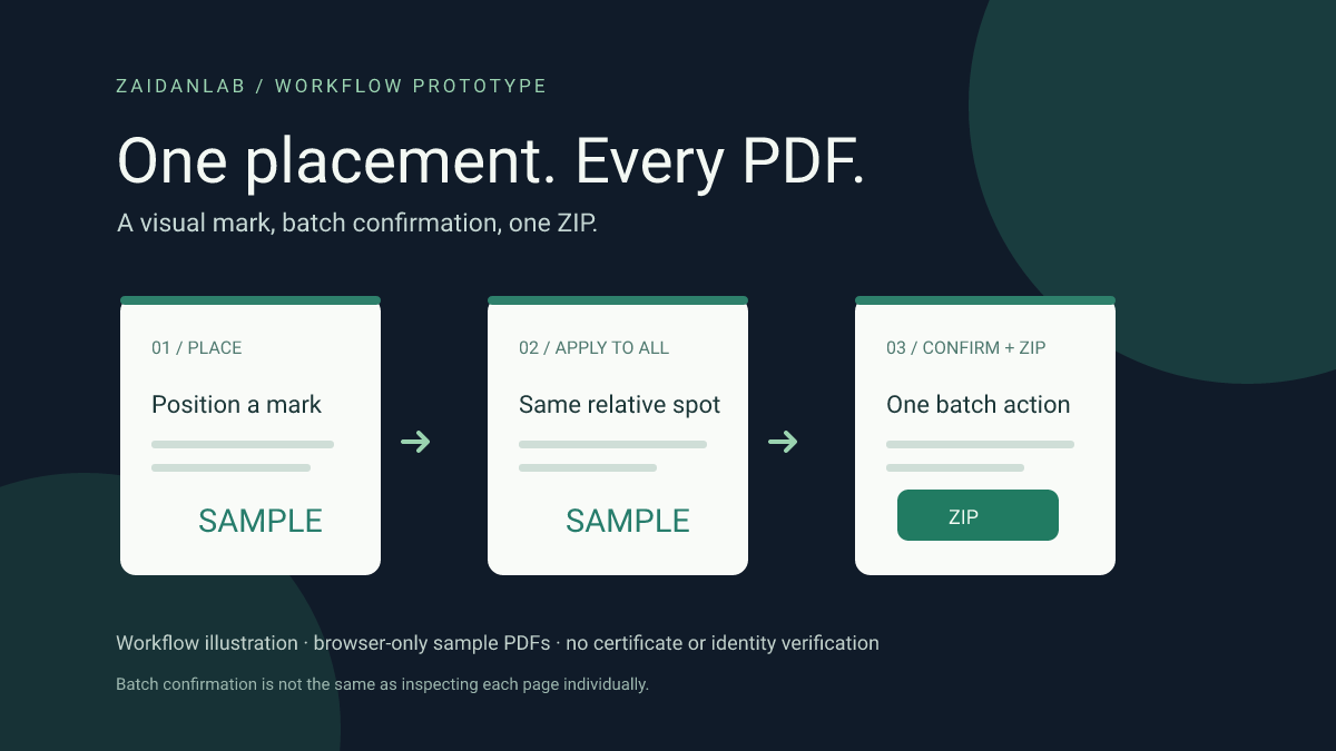 Workflow illustration of one SAMPLE mark applied to three fictional PDFs and confirmed in a batch; not an app screenshot or certified signature